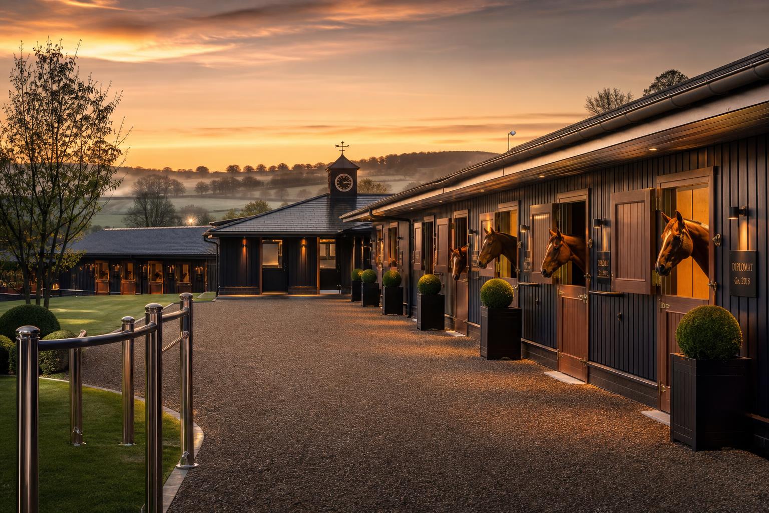 Luxury Hartley Bank Stables yard in the British countryside at dawn